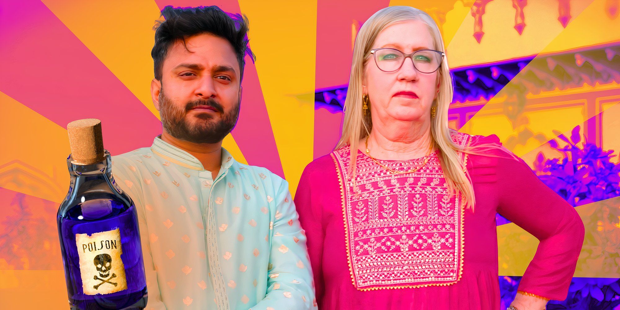 90 day fiance stars sumit singh and jenny slatten looking serious with poison details and yellow background