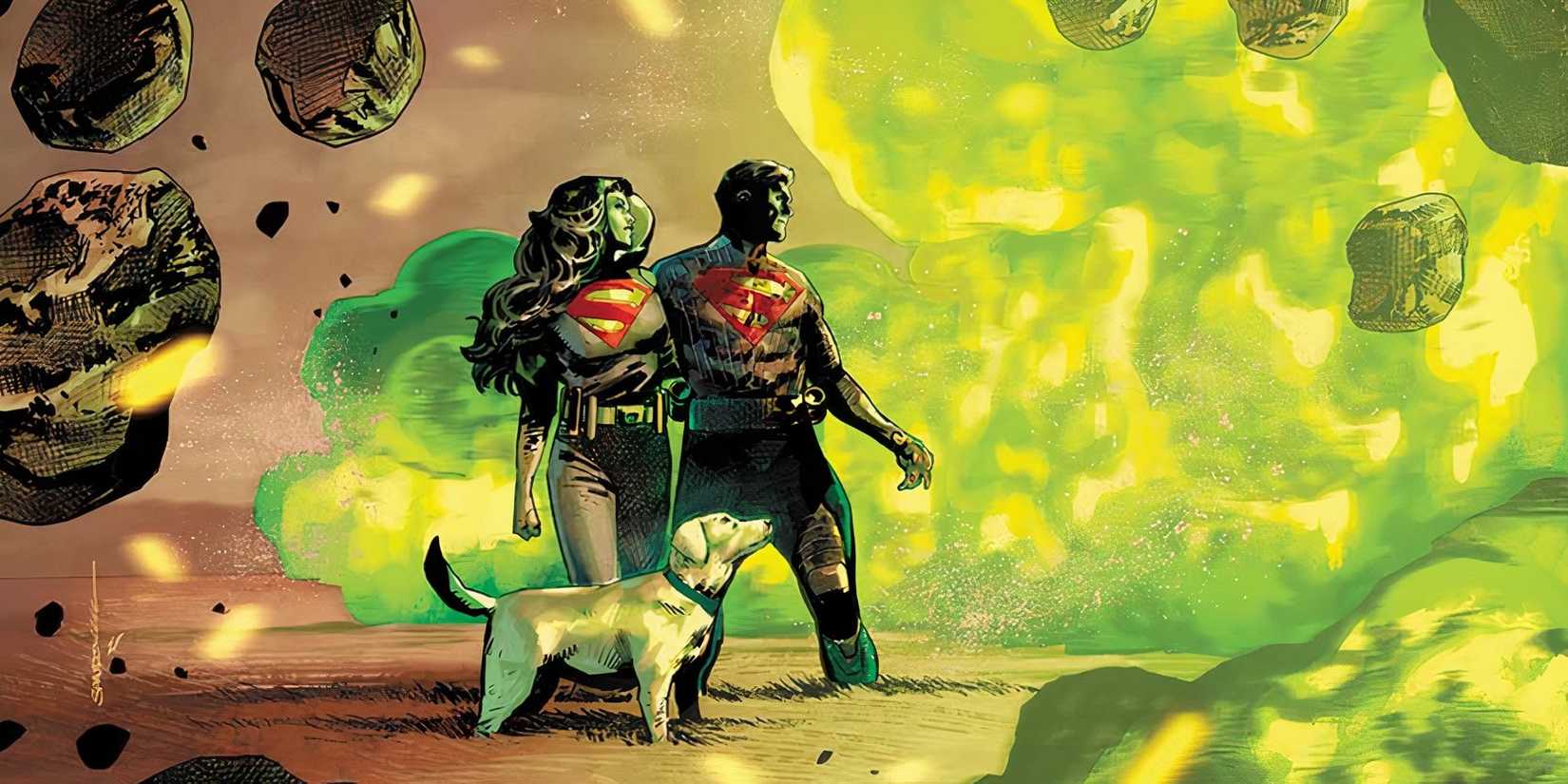 Lara-El, Jor-El, and Krypto stand against rocks and a Kryptonite mist on Absolute Superman #3 cover by Rafa Sandoval