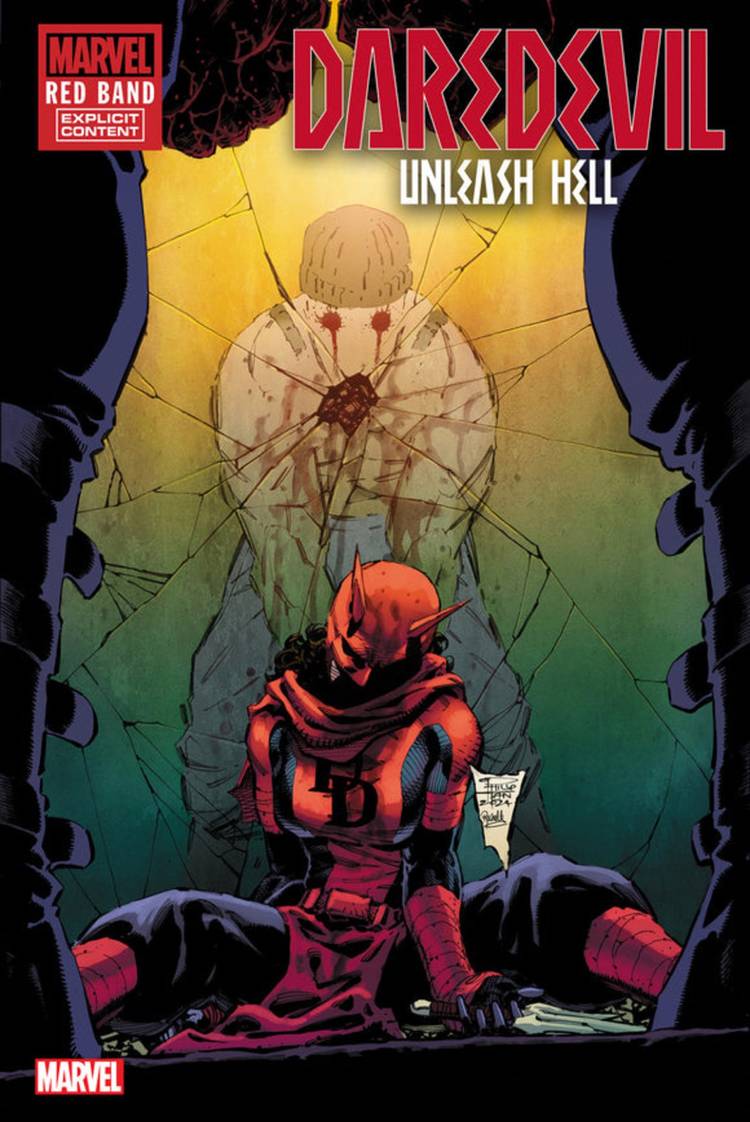 Daredevil: Unleash Hell #1 Philip Tan Variant - Elektra’s Daredevil sits under broken art of Muse