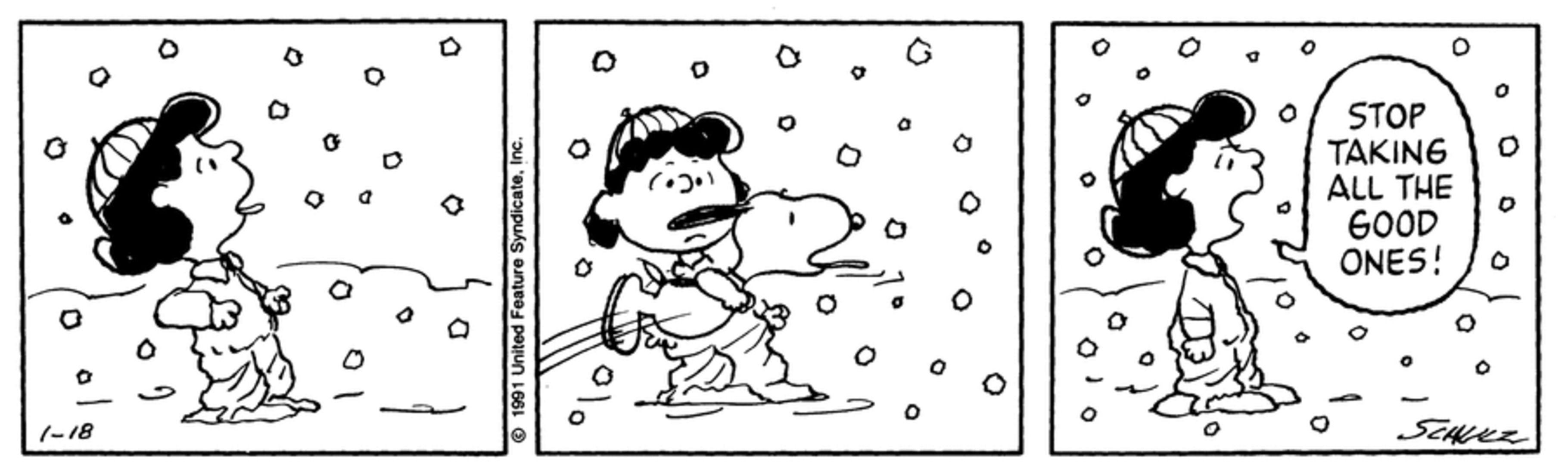 Peanuts strip: Snoopy licking snowflakes before Lucy can.