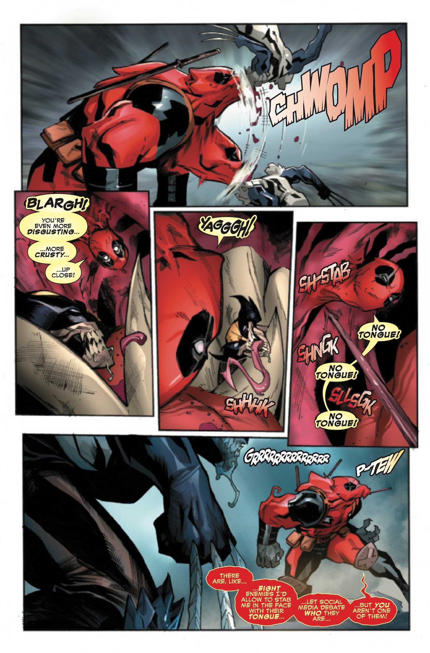 Venom War: Deadpool #3 by Bunn and Mercado PREVIEW - symbiote Deadpool swallows Poison and stabbed with tongue claw