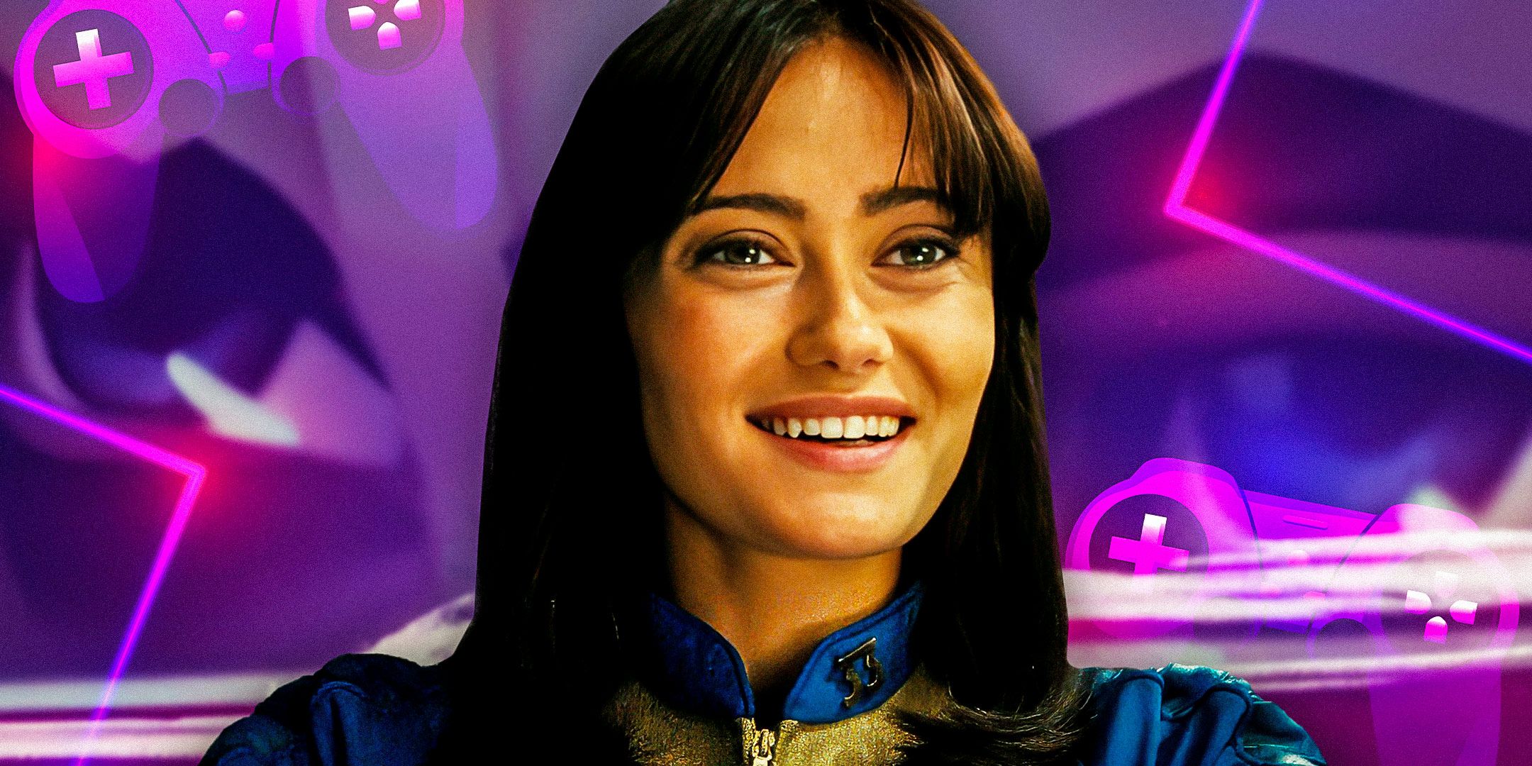 Ella Purnell as Lucy in Fallout smiling and wearing her blue and yellow jumpsuit and a purple background with game controllers