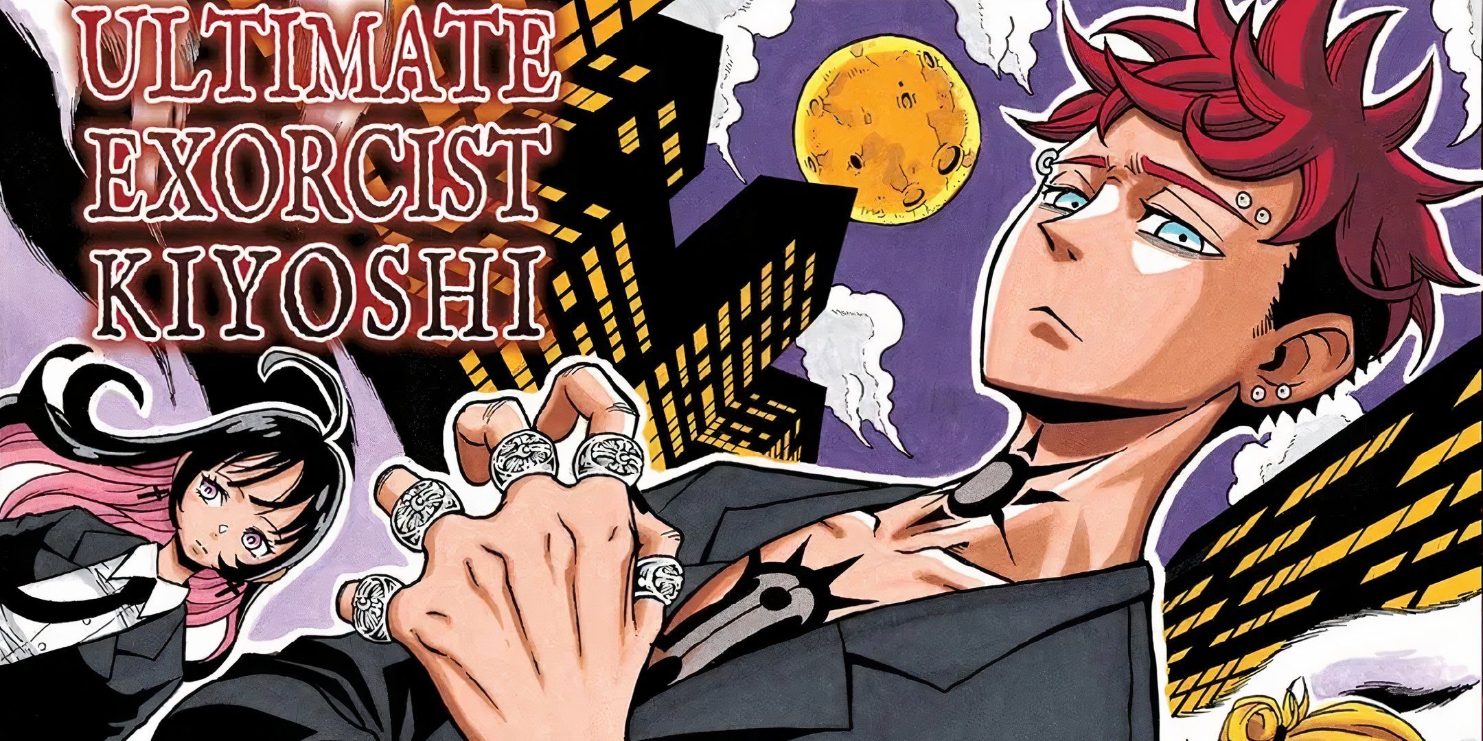 a colored illustration from ultimate exorcist kiyoshi featuring a boy with rd hair and a girl with black and pink hair
