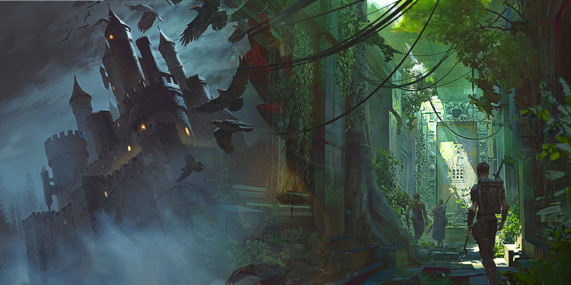 Castello oscuro e corridoio invaso dalla vegetazione in arte ufficiale di Dungeons & Dragons