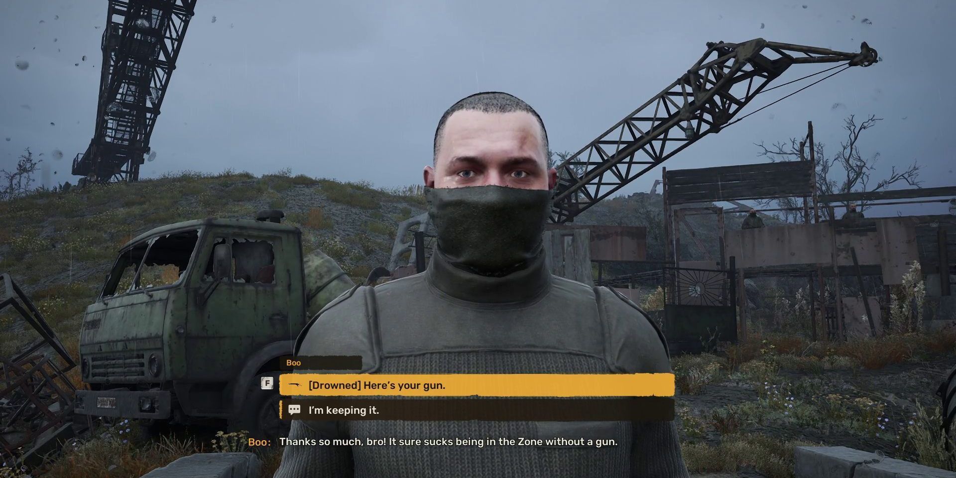 A dialogue scene with Boo in Stalker 2.