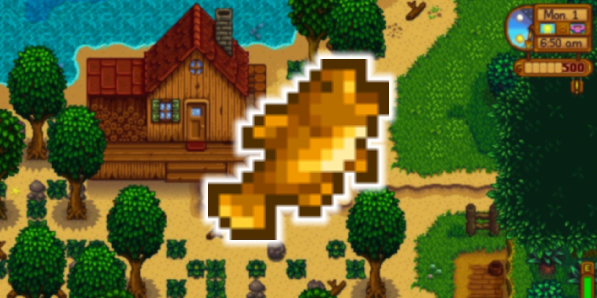 A goby with an open mouth in front of a beach farm in screenshots from Stardew Valley.
