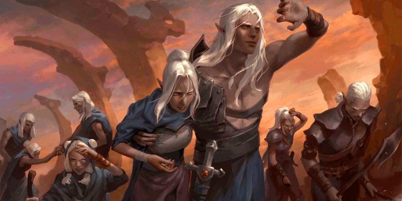 A group of elves shielding their eyes from the setting sun as they travel a desert road in official D&amp;D art.