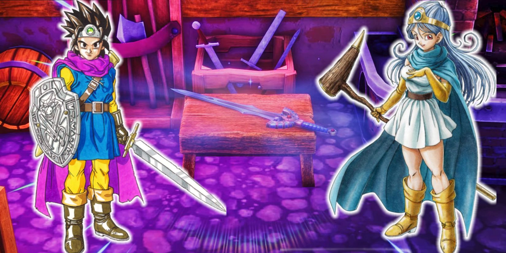 A Hero and a Sage character on either side of the Sword of Kings from Dragon Quest 3.
