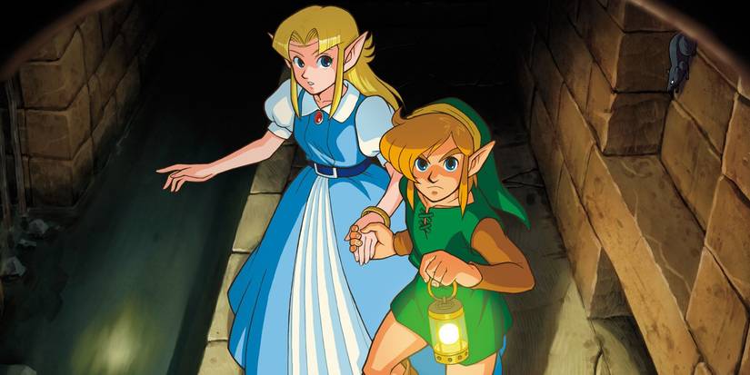 Official art of Link leading Princess Zelda through the sewers in The Legend of Zelda: A Link to the Past.