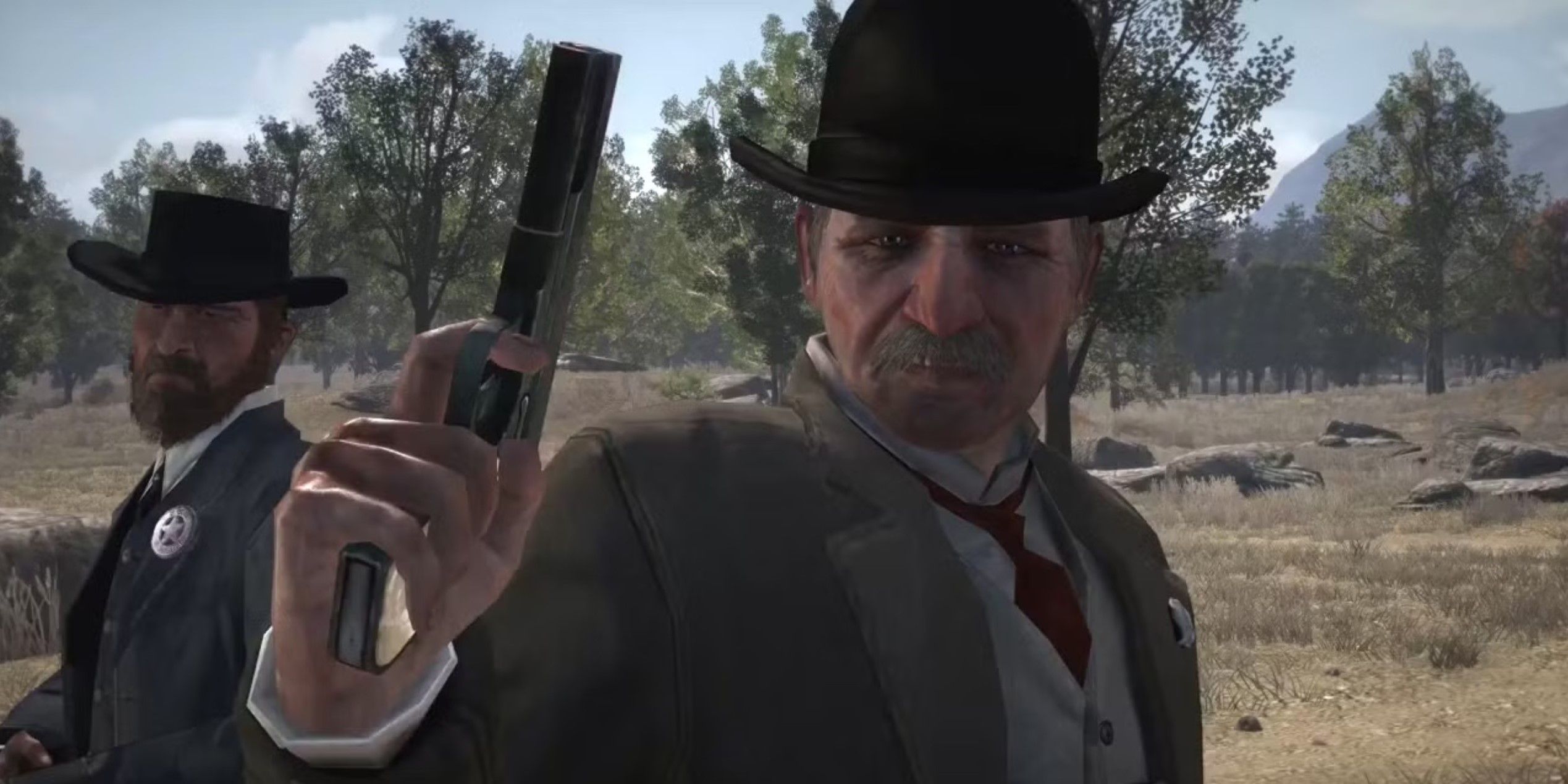 A man in a bowler hat holding a high power pistol from red dead redemption