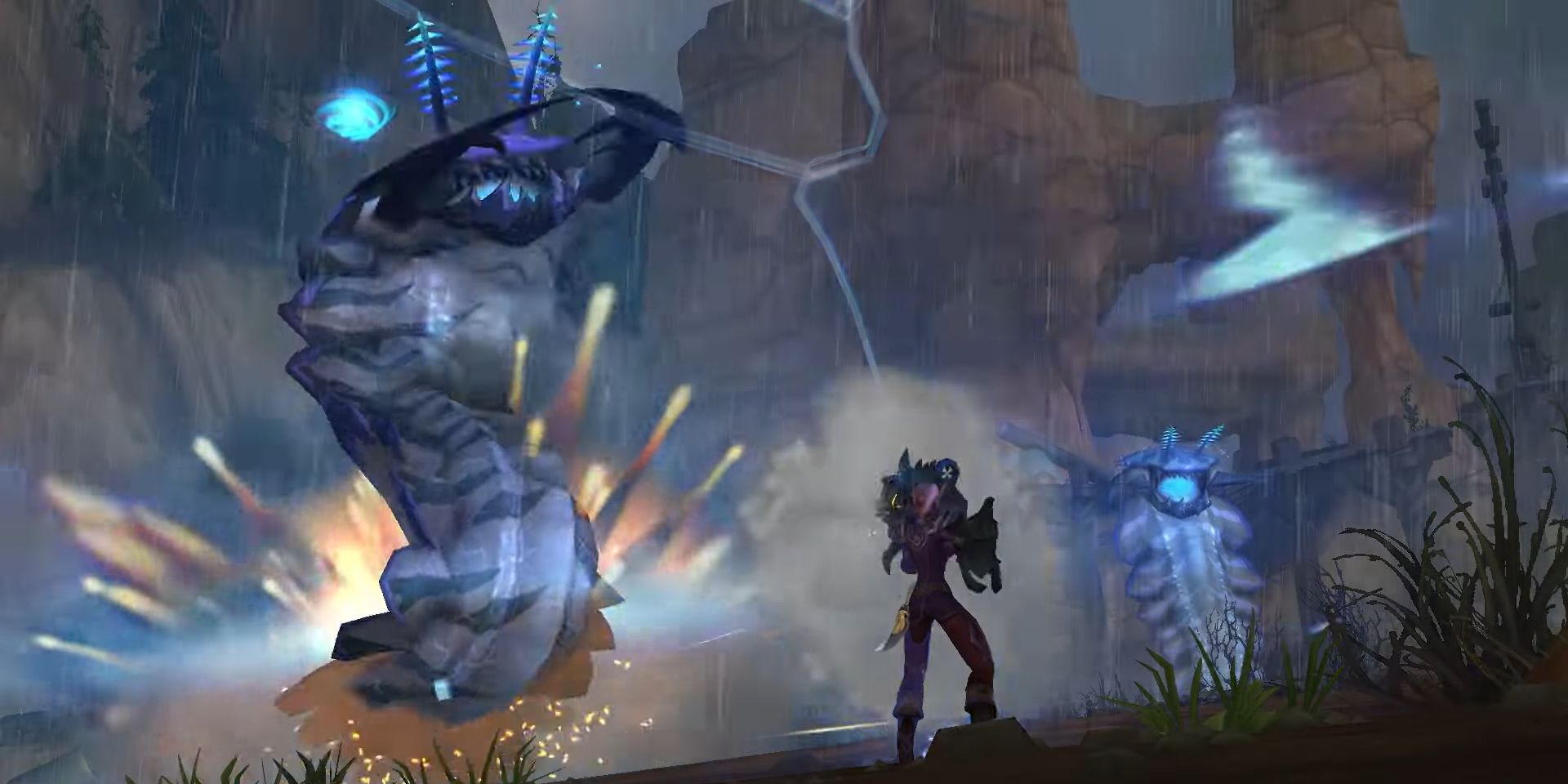 Um personagem do jogador lutando contra um Naga em World of Warcraft.