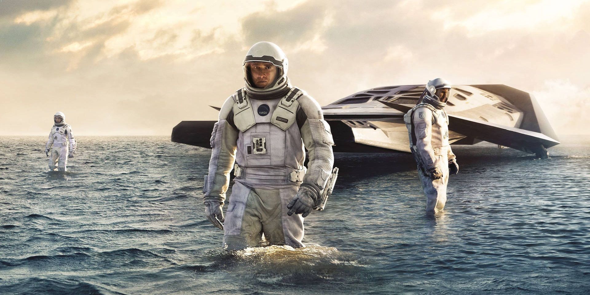 Astronauts walking in the water in a promotional image for Interstellar