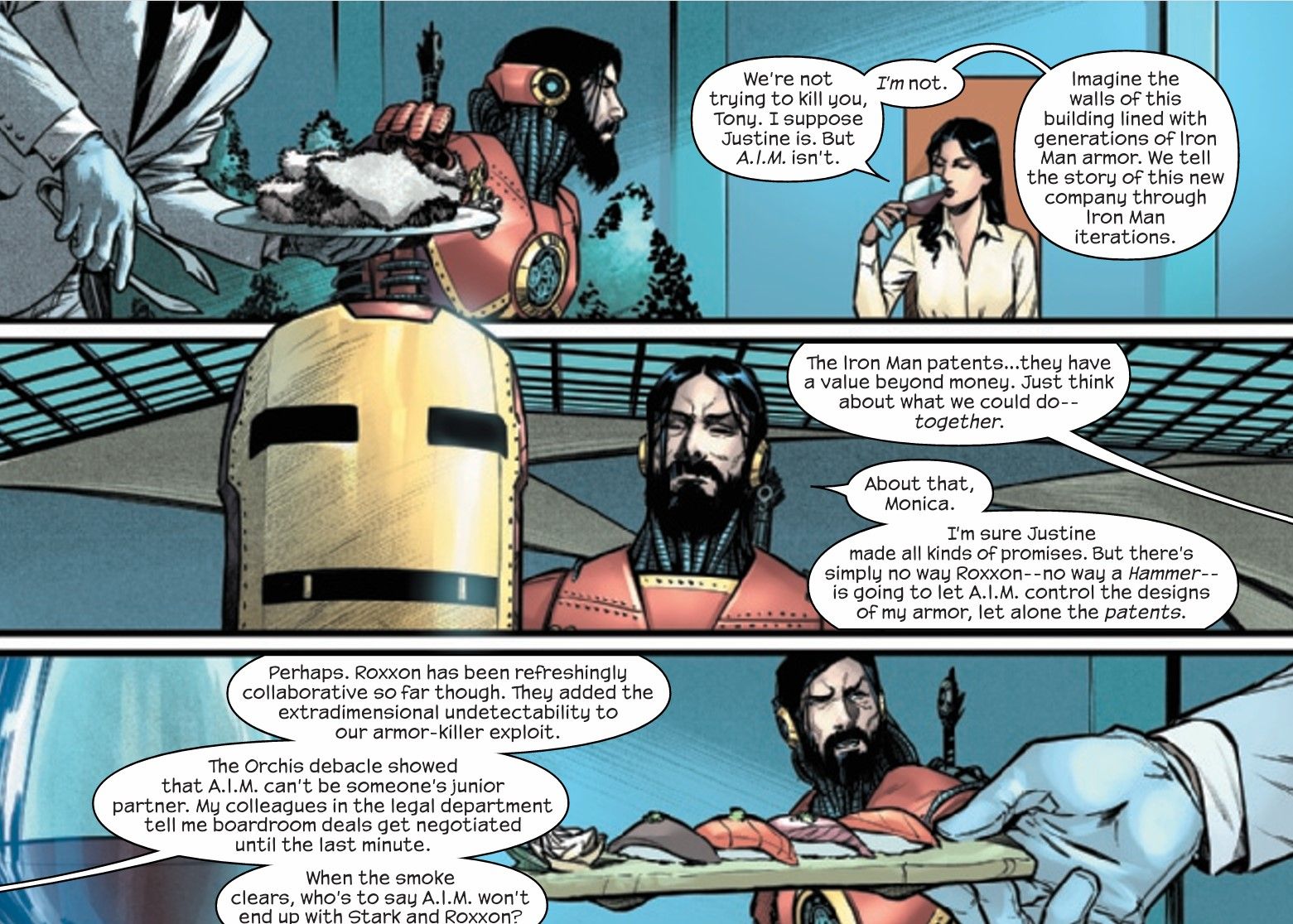 A ragged-looking Iron Man having dinner with Monica Rappuccini in Iron Man (2024) #2