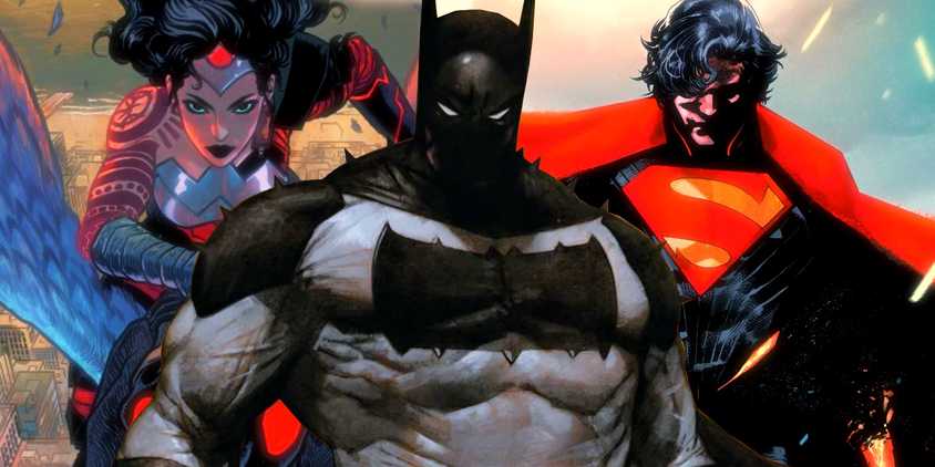 Comic book art: Absolute Batman, Superman, and Wonder Woman look forward.