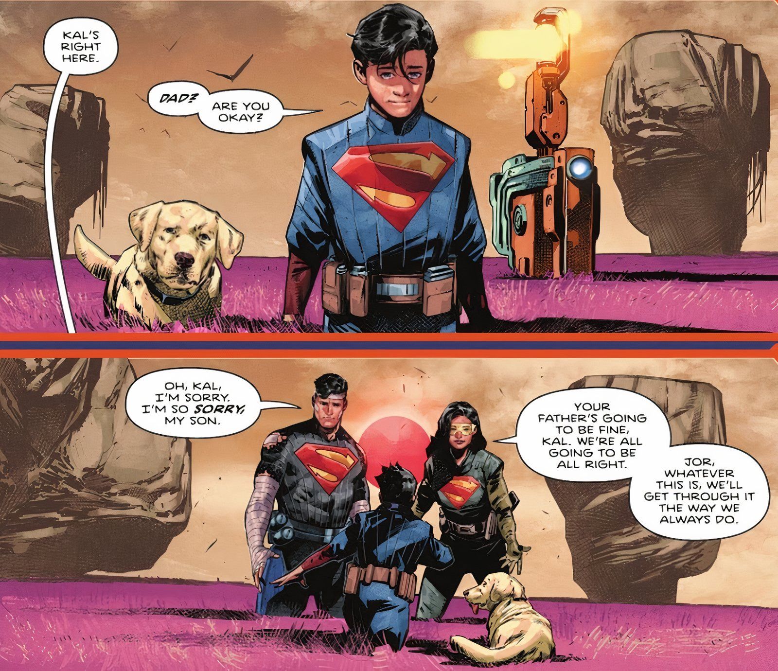 Comic book panels: Kal-El as a young boy runs to his parents on Krypton.