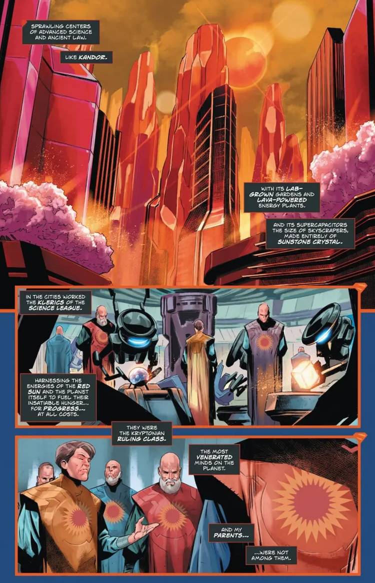 Comic book page: Kryptonians gather for a meeting in Absolute Superman.