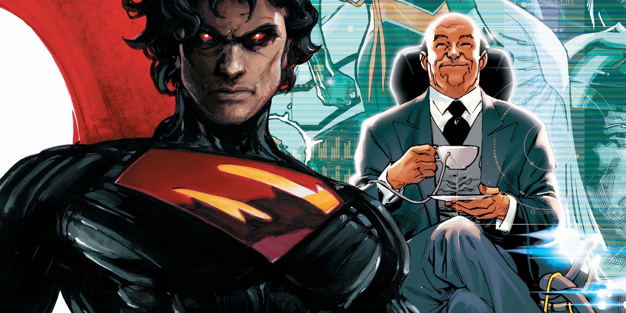 Absolute Superman with Glowing Eyes and Edwin Jarvis Holding Tea DC