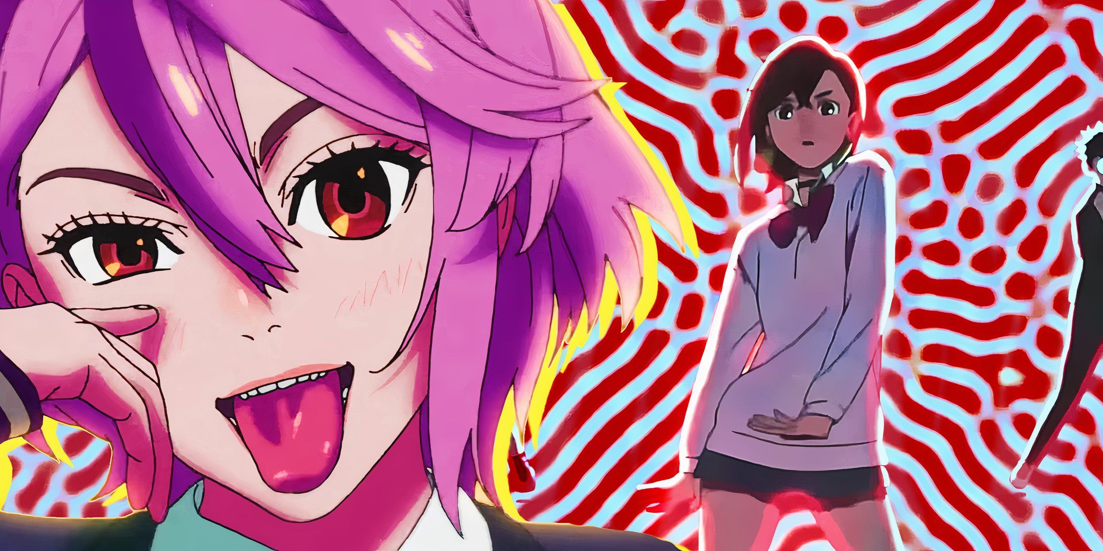 aira from dan da dan sticking her tongue out with momo ayase dancing in the background as seen in the opening theme