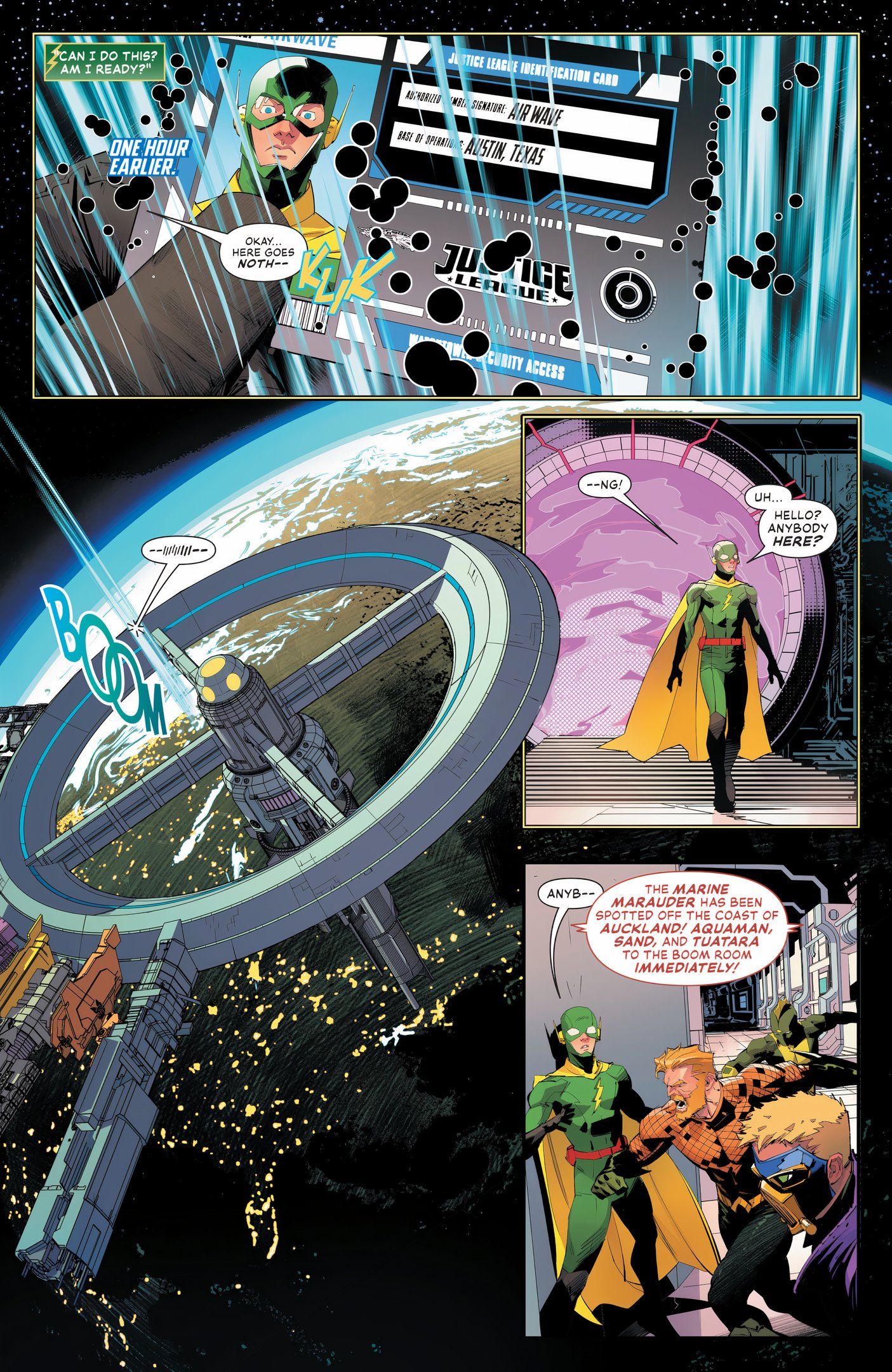 Comic book page: Airwave Arrives As A Group Of Heroes Leave