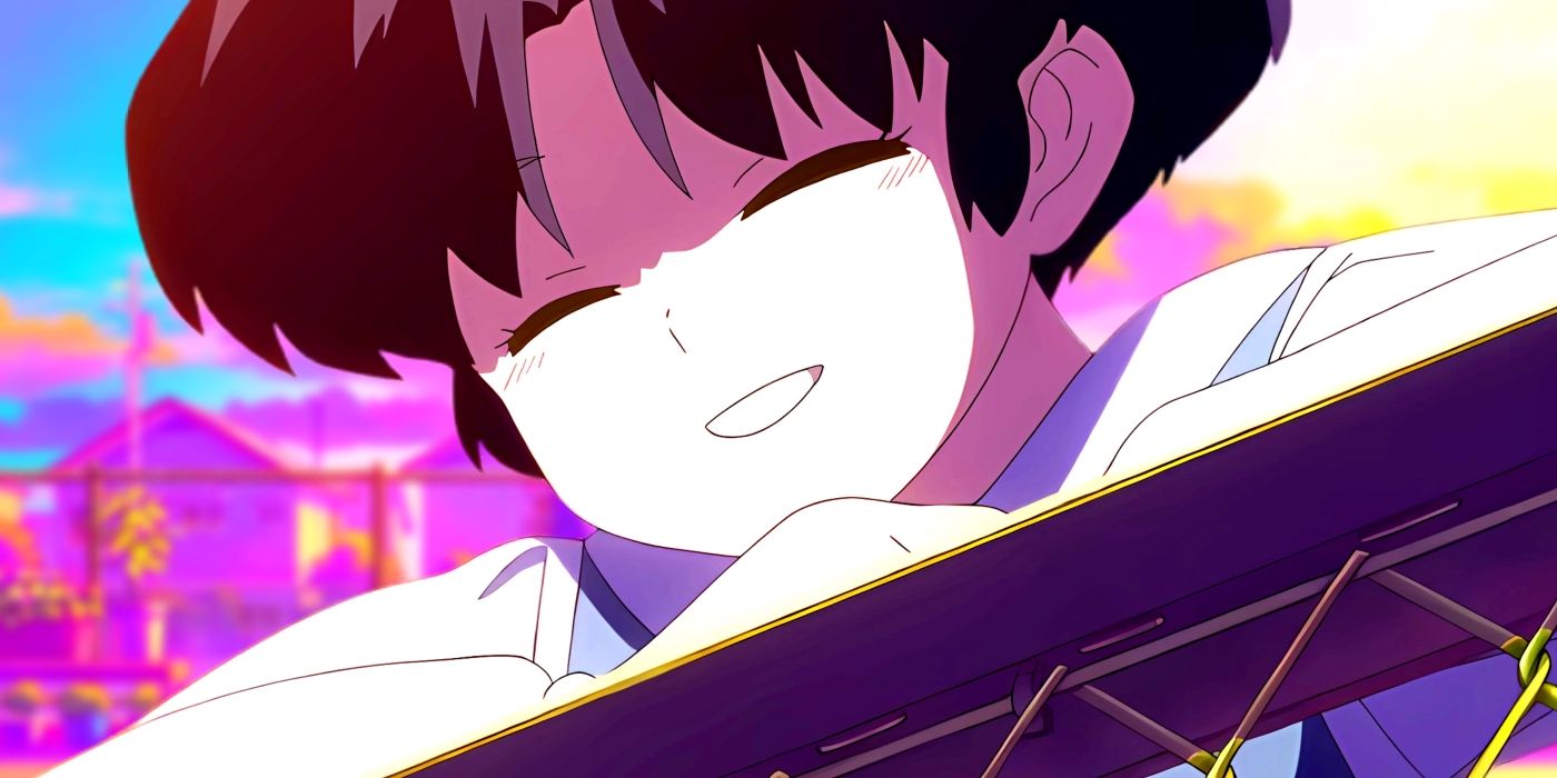 Akane smiling while resting her arms on a railing. Behind her, the city of Nerima can be seen.