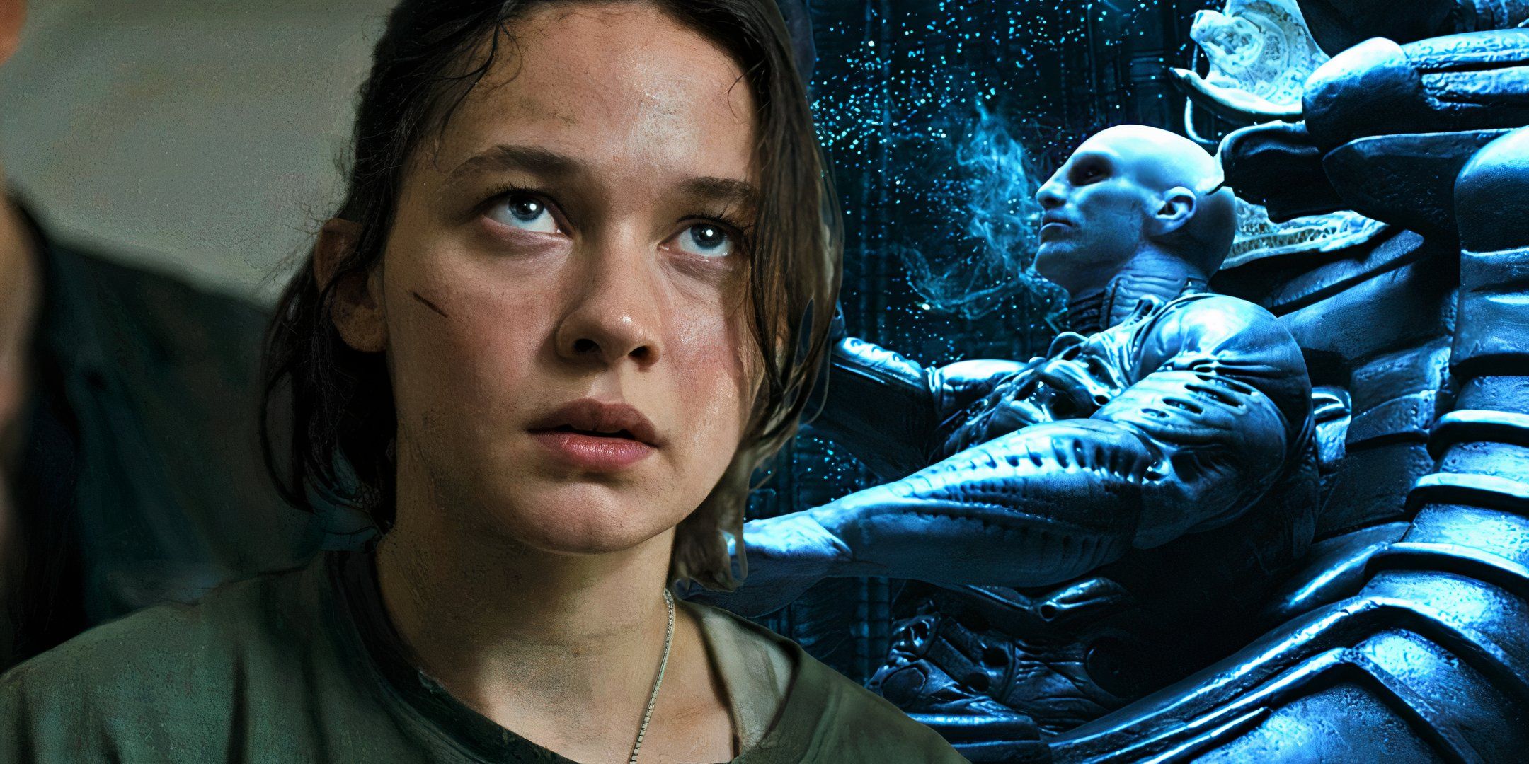 Rain (Cailee Spaeny) en Romulus Alien y el ingeniero en la silla en Prometheus