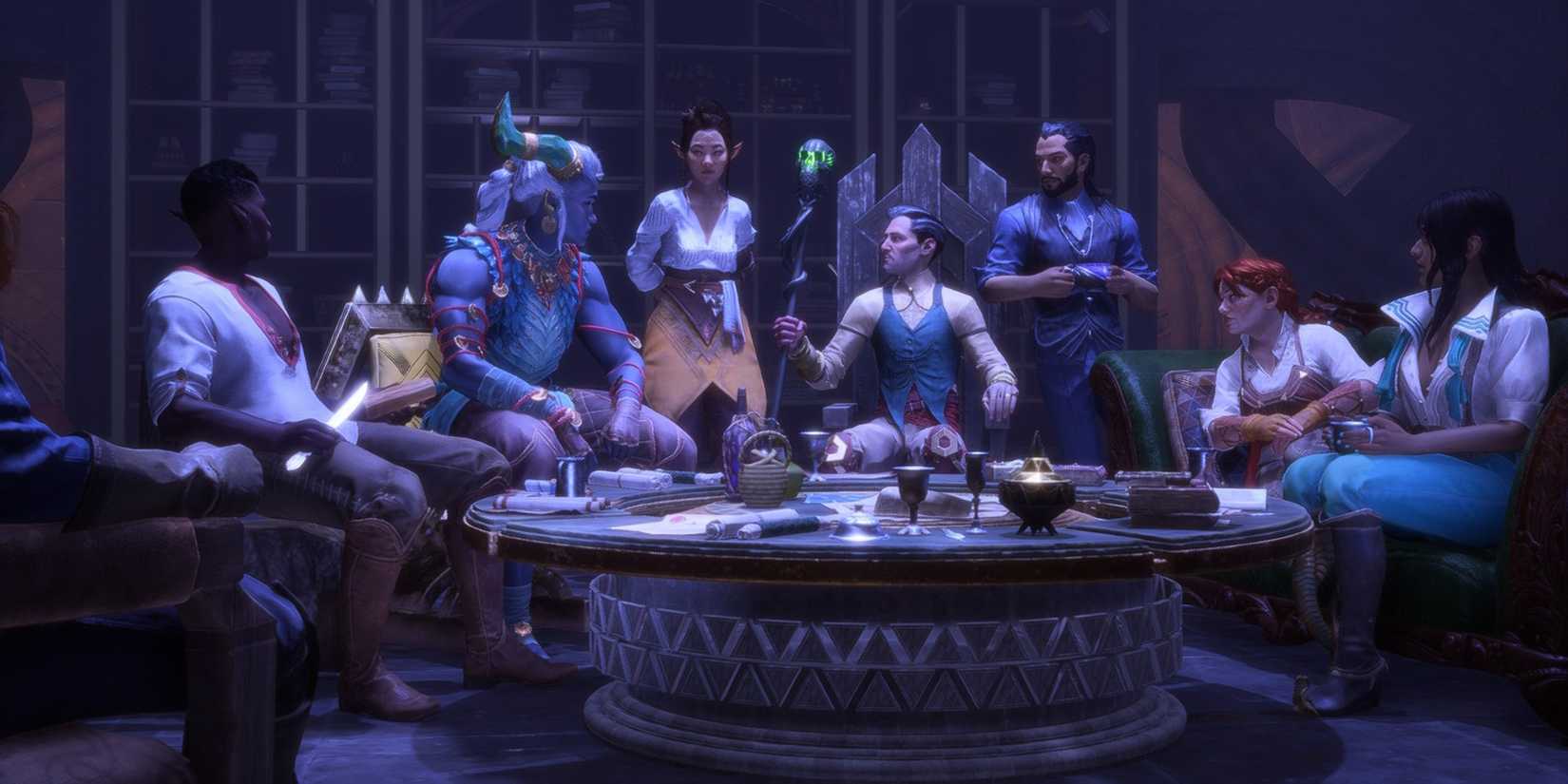All companions sat around talking in Dragon Age The Veilguard.