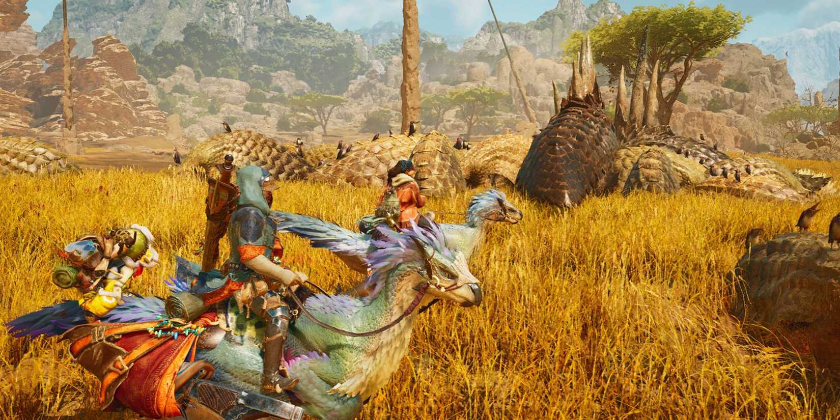 Monster Hunter Wilds Alma and the player riding alongside each other.