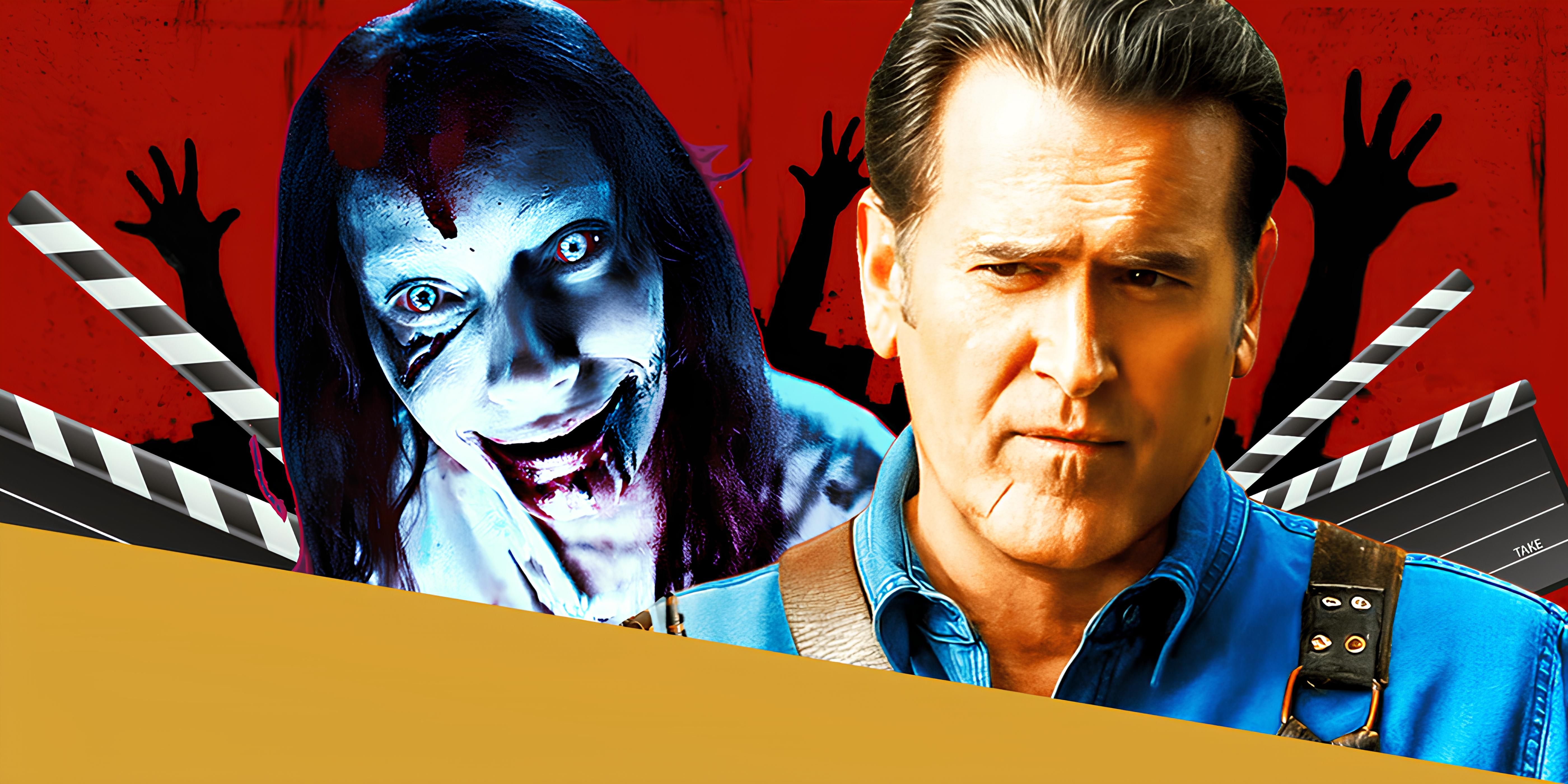 Alyssa Sutherland as Ellie in Evil Dead Rise and Bruce Campbell as Ash Williams in Ash vs Evil Dead