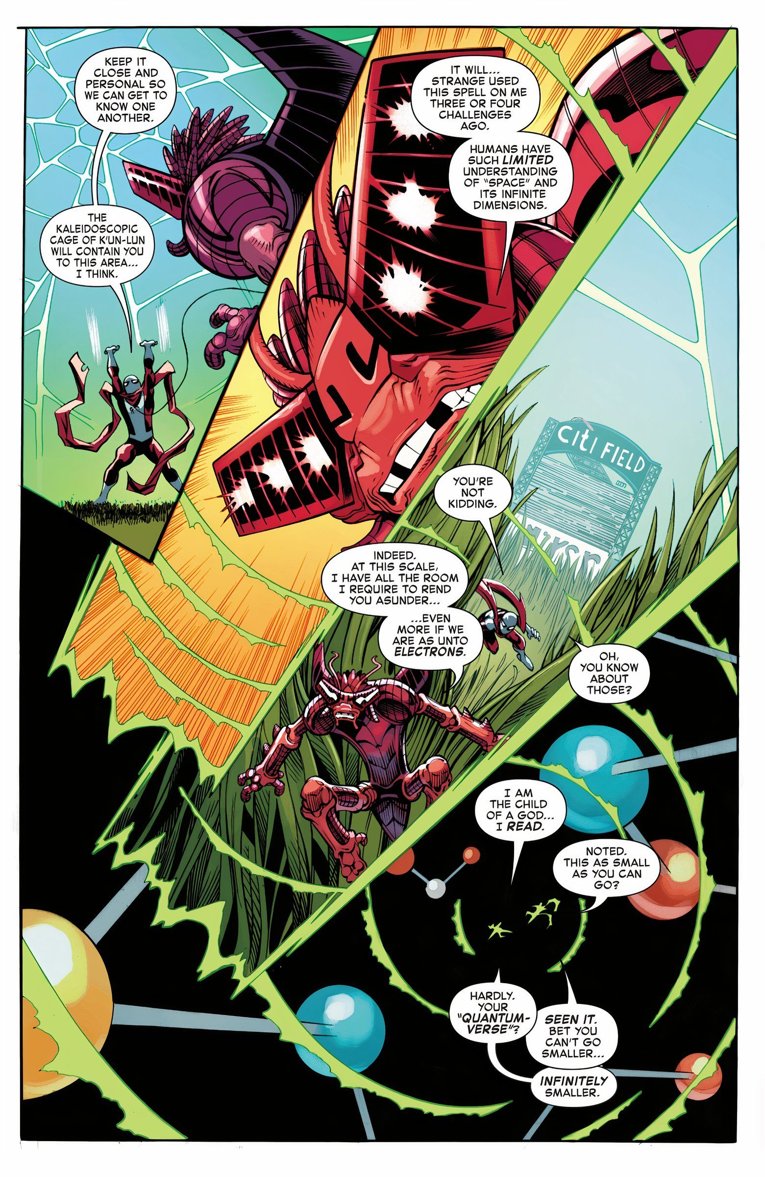 Spider-Man uses magic to shrink while fighting Cyperion on a baseball field then as small as electrons