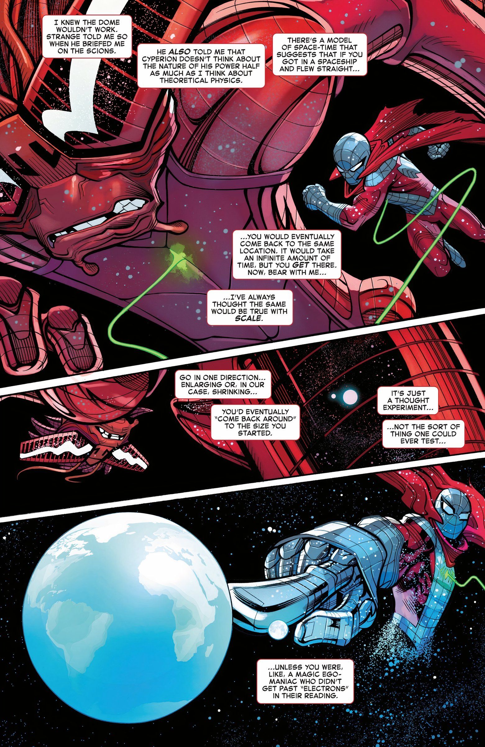Spider-Man shrinking trough space then looming as big as the Earth
