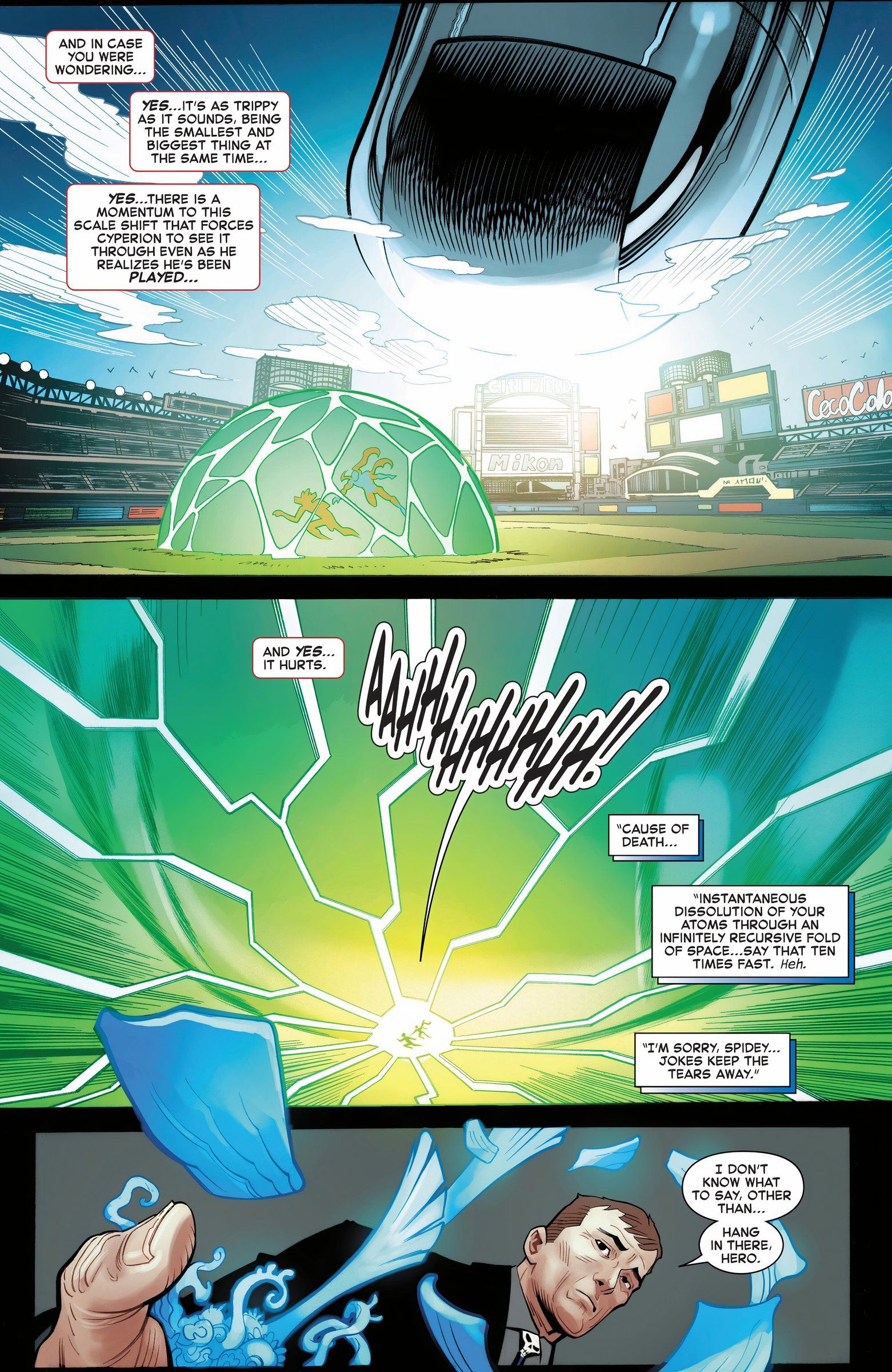 Spider-Man pokes himself with a enormous finger while his small self is in a green bubble