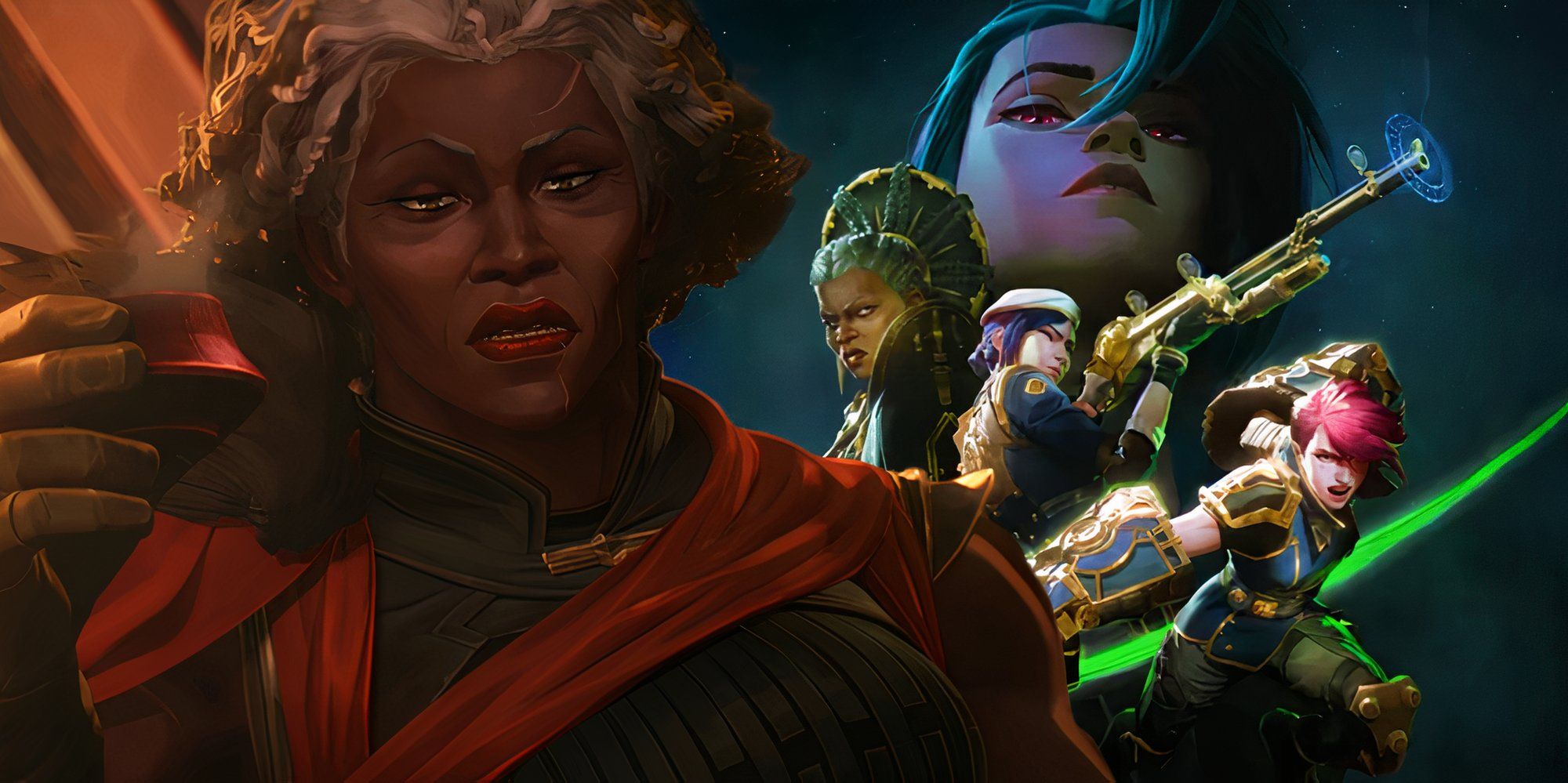 Ambessa holding a cup in Arcane season 2 (2024) next to the poster for the show featuring Ambessa, Vi, Jinx, and Caitlyn