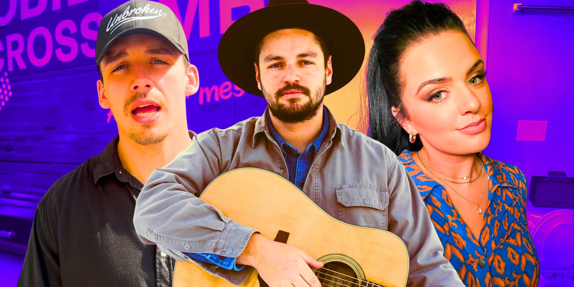 American Idol&rsquo;s Noah Thompson talks, Chayce Beckham plays the guitar and Maddie Poppe poses for the camera.