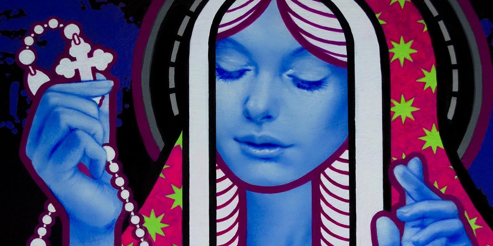 American Rapture Cover featuring a blue woman with a pink starry veil holding rosary beads