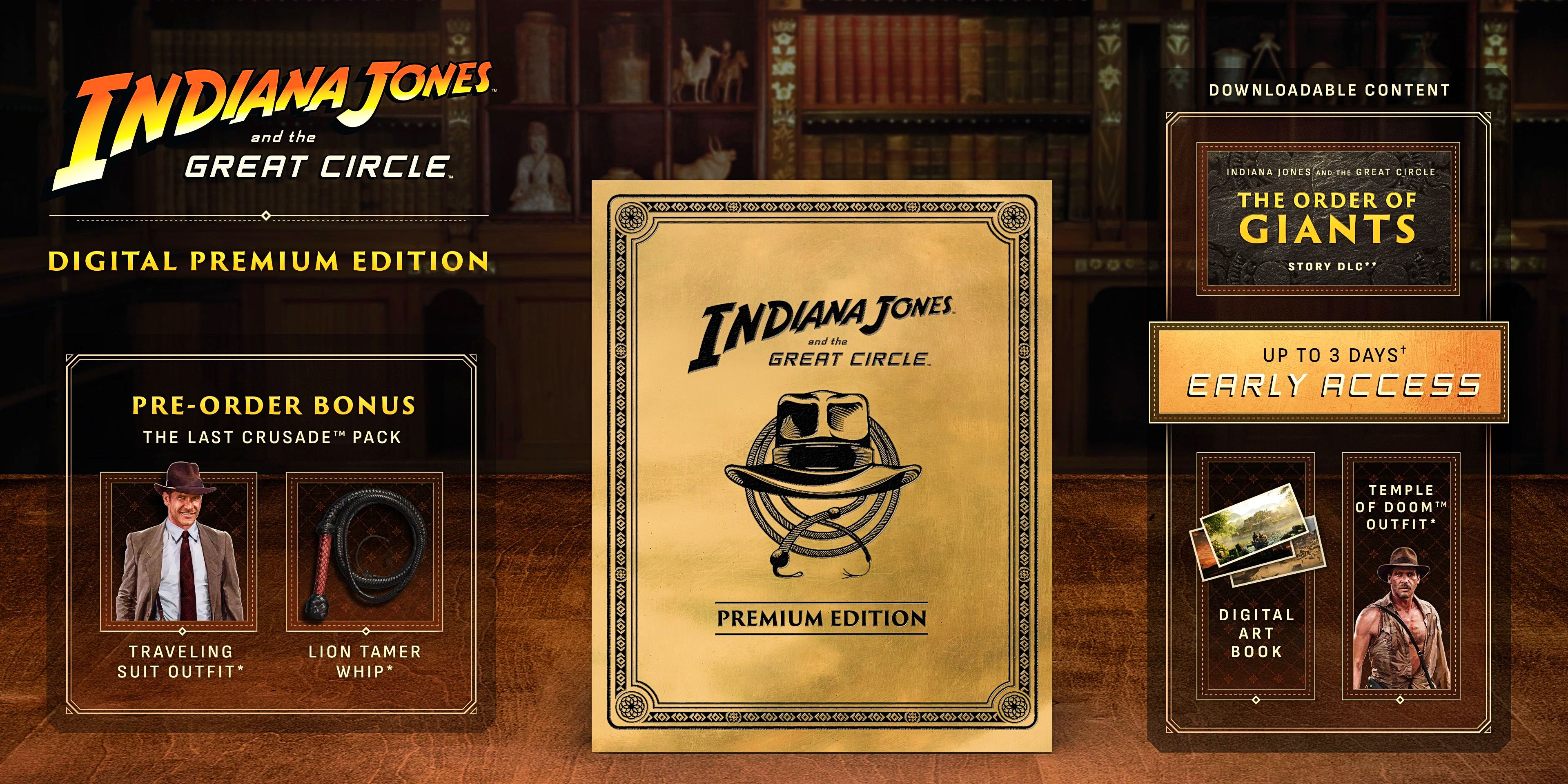 An image of everything included in the Premium Edition of Indiana Jones and the Great Circle, including The Last Crusader Pack, gold cover art, the Order of Giants DLC, a digital art book, and the Temple of Doom outfit.