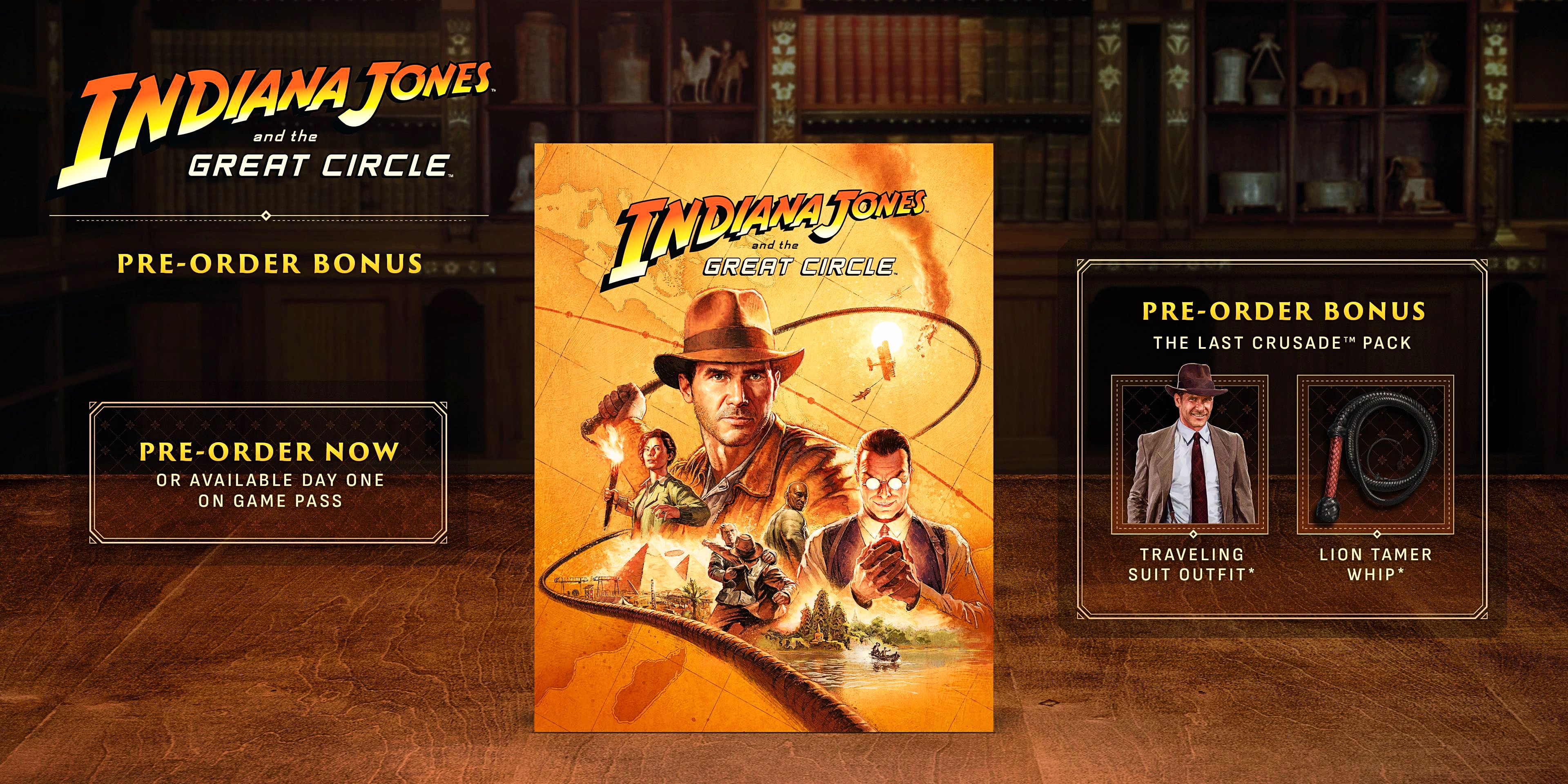 An Image showing the preorder bonuses for Indiana Jones and the Great Circle, which include a suit and whip cosmetic.