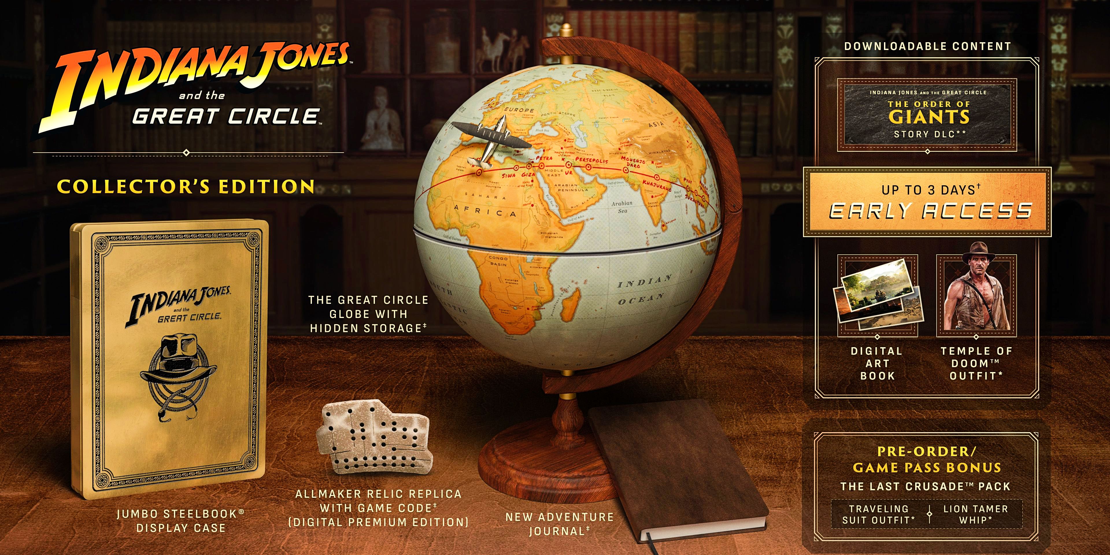 An image showing what's included in the Collector's Edition of Indiana Jones and the Great Circle, including a steelbook case, a globe, a replica of the allmaker relic, a notebook, and the digital content from all the other