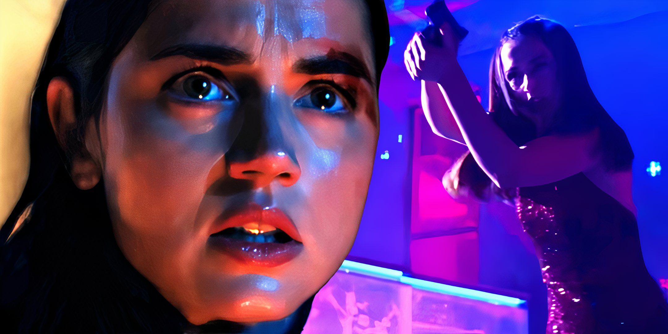 Ana de Armas as Eve looking worried and aiming a gun in a nightclub in From the World of John Wick: Ballerina