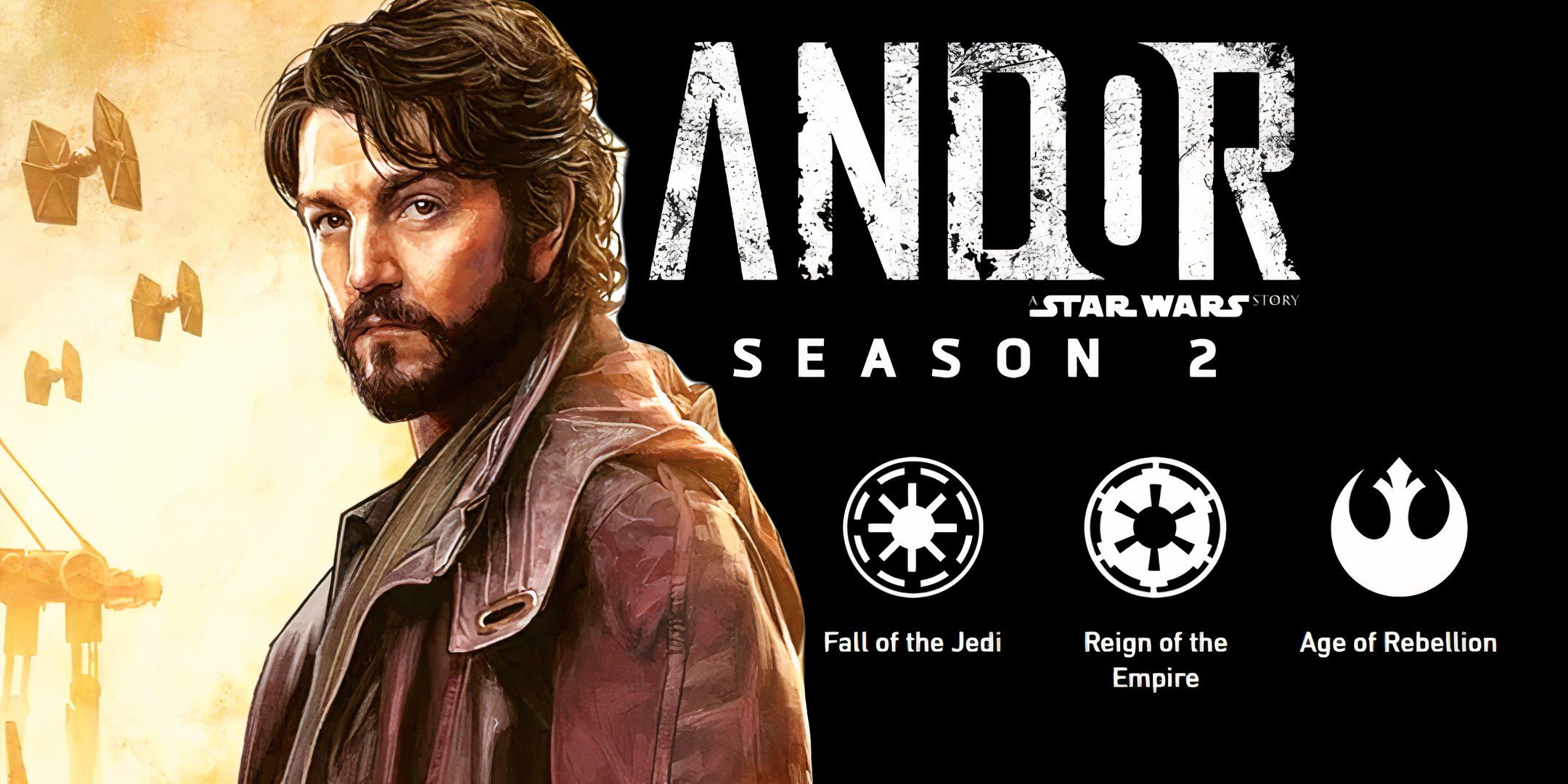 Cassian Andor and the Andor season 2 logo with eras from the official Star Wars timeline underneath.