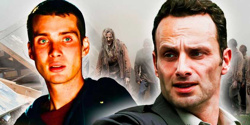 An edited image of Rick in The Walking Dead and Jim in 28 Days Later with zombies in the background.