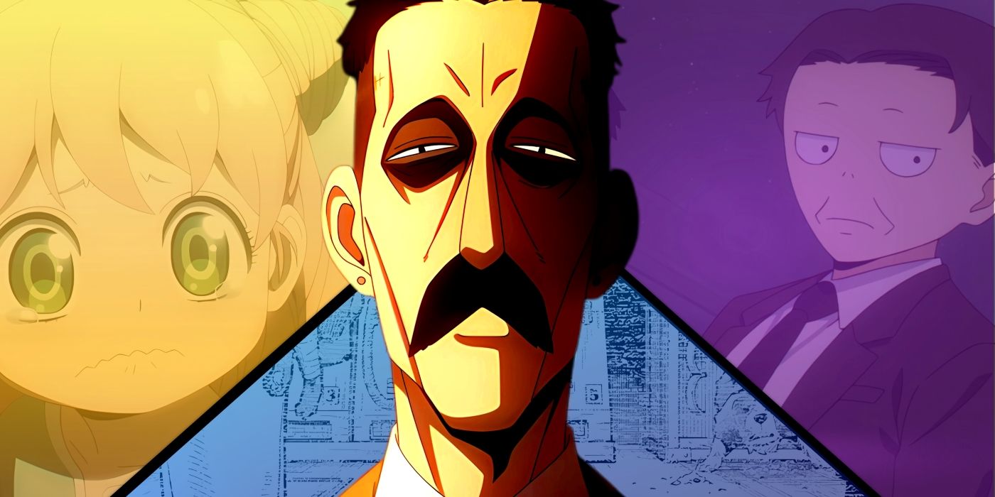 Donovan Desmond stands with an ominous look. Behind him, Anya as a test subject, Mr. Glooman, and Bond as a test subject can be seen.