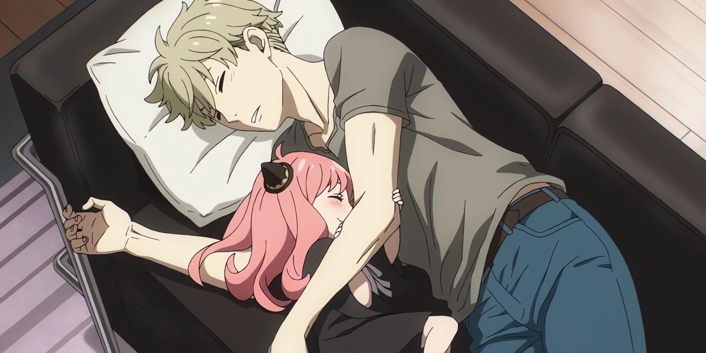 Anya hugs Loid and falls asleep in his arms. 