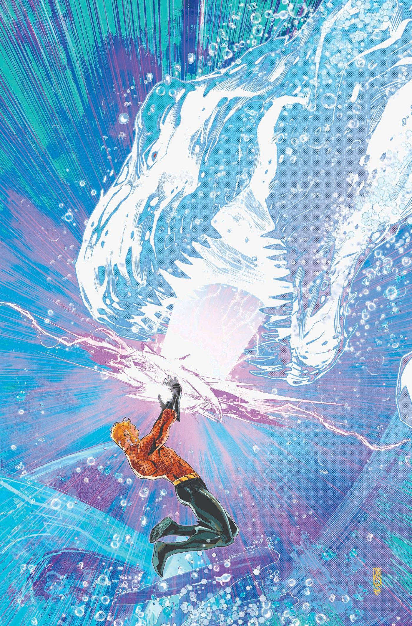 Capa de quadrinhos: Aquaman usa seus poderes para lutar contra um Kaiju subaquático