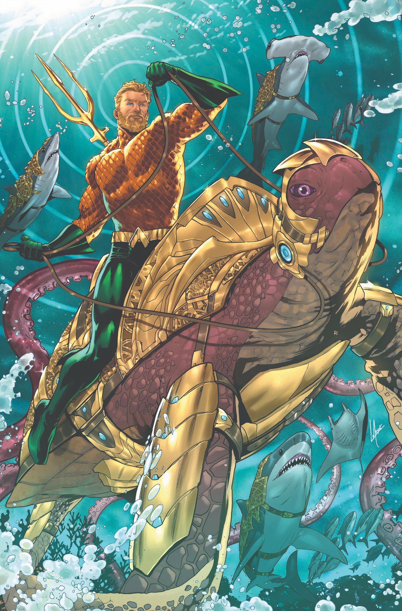 Portada del cómic: Aquaman montando una tortuga marina blindada bajo el agua.