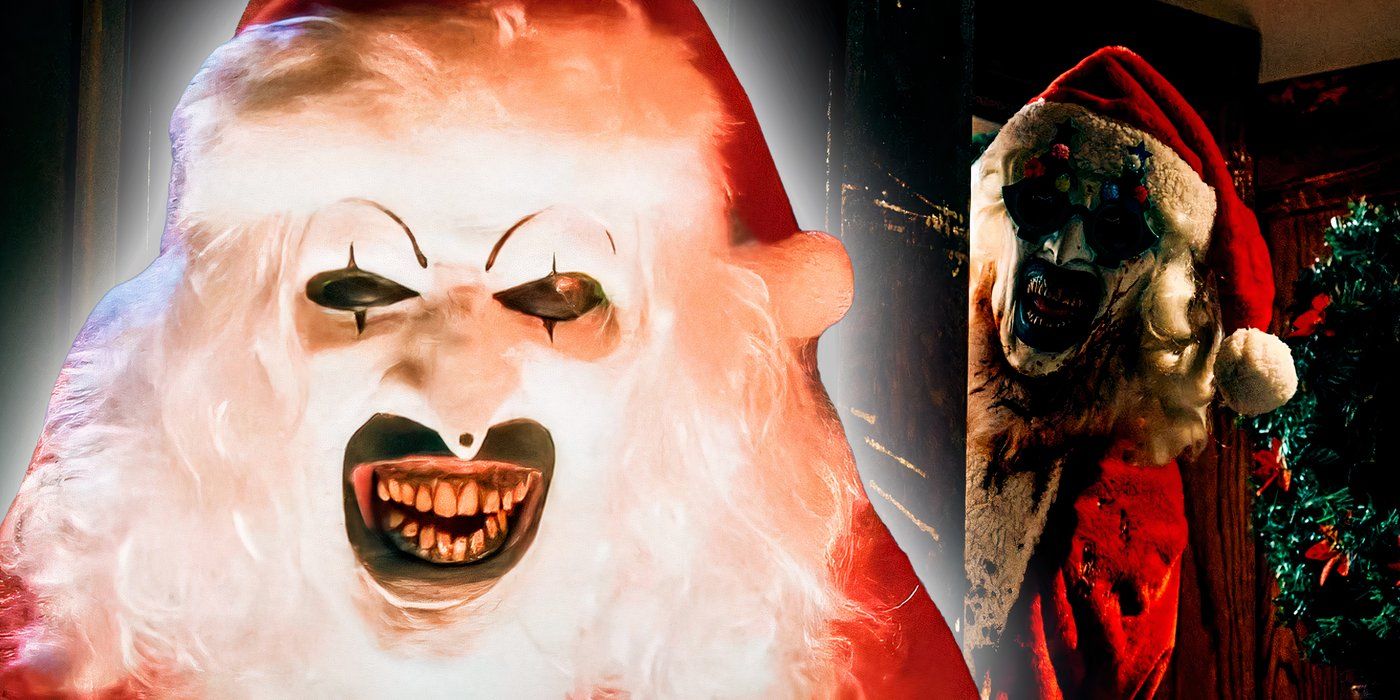 An edited image of Art the Clown as Santa smiling and peeking near a doorway in Terrifier 3.