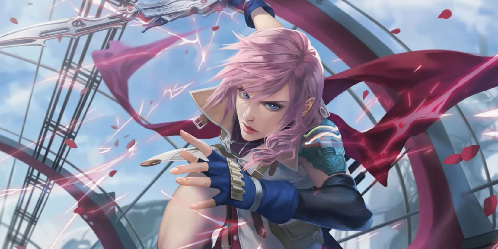 Lightning from Final Fantasy XIII holding a sword in art from the Final Fantasy MtG collaboration.