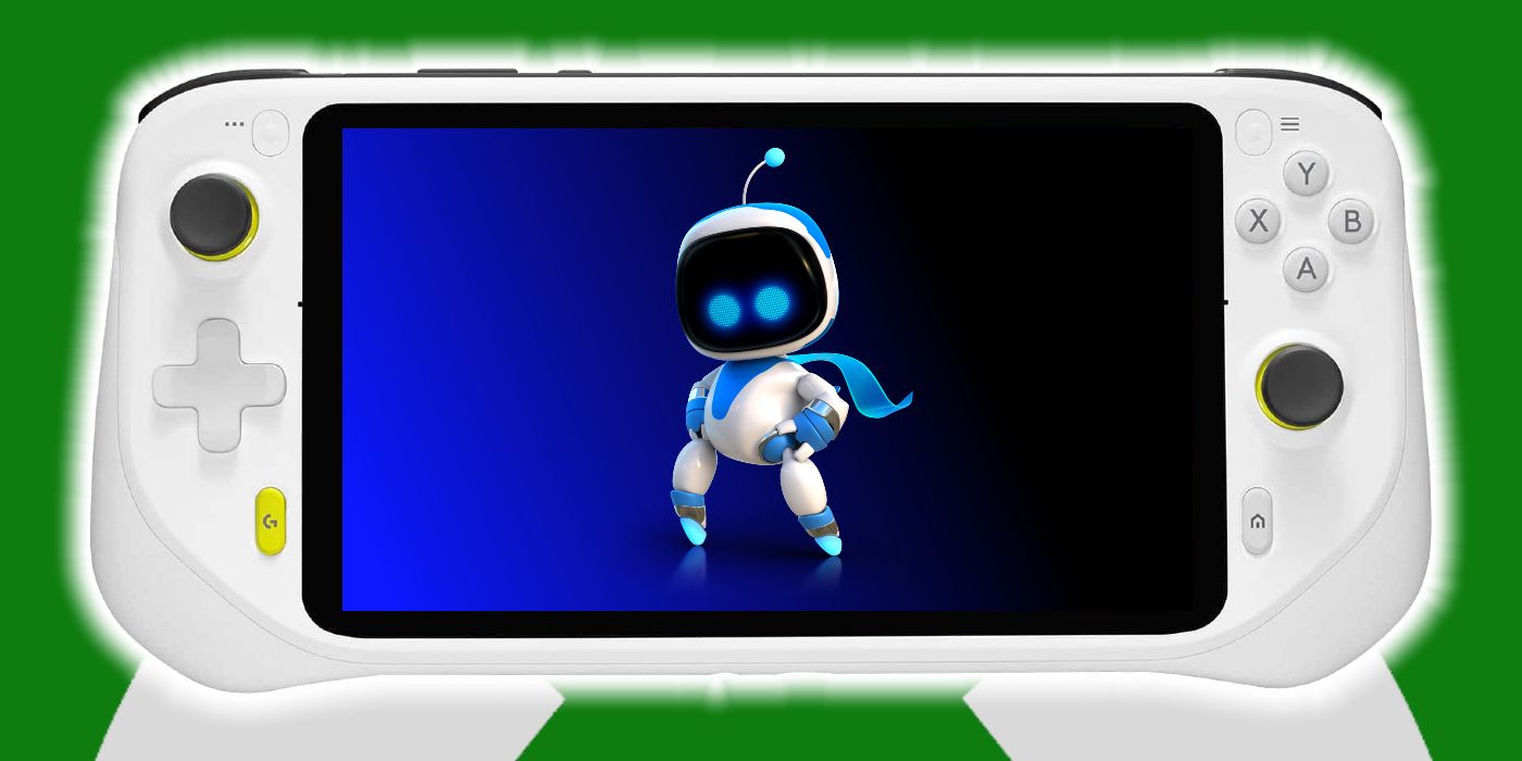 Astro Bot on the screen of a white handheld console, over a green background showing the Xbox logo.