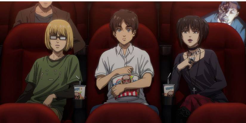 Attack on Titan post credit scene, Armin, Eren, and Mikasa sit in a movie theater