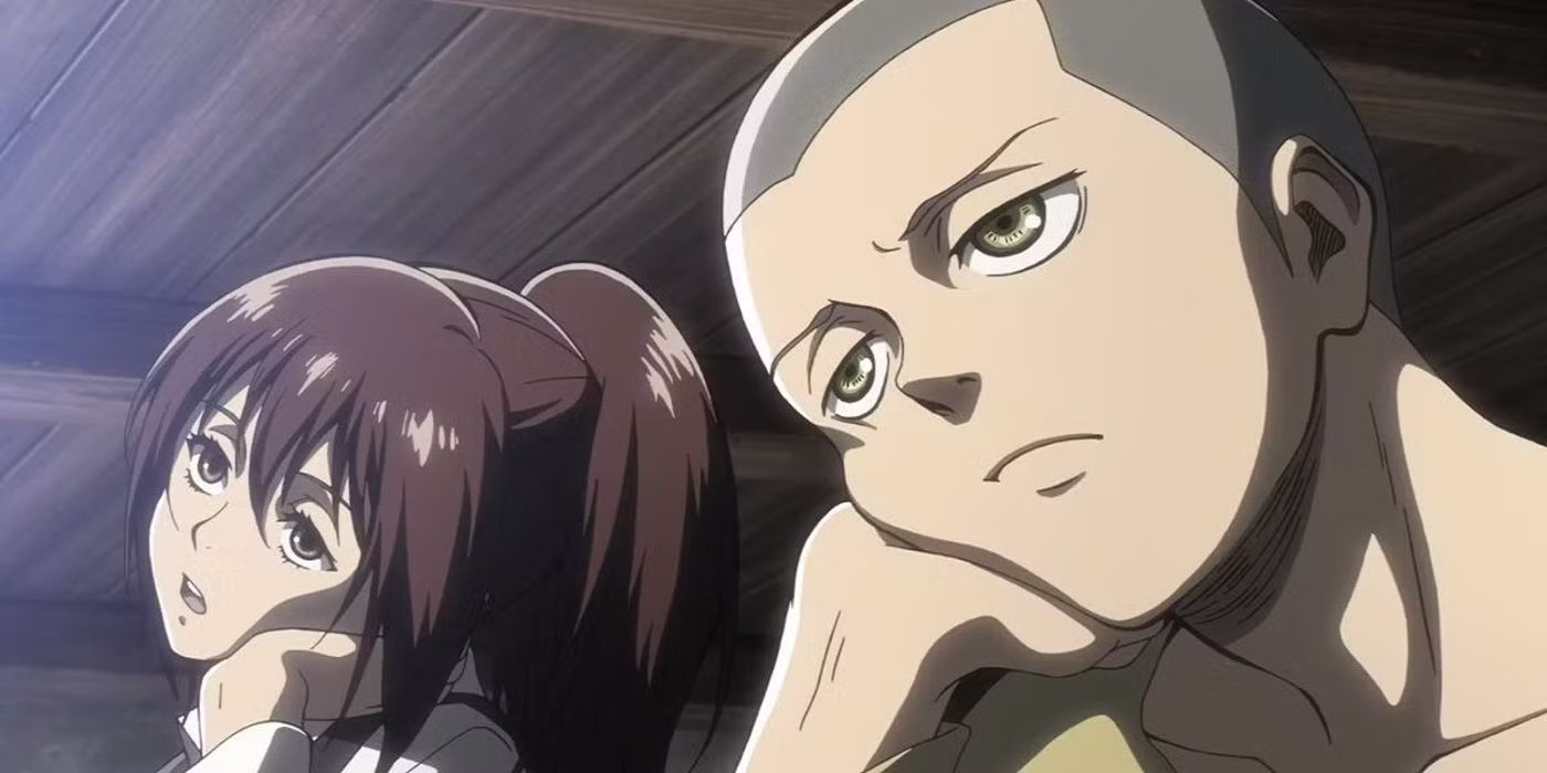 Attack on Titan's Connie and Sasha both looking bored and holding their heads in their hands.