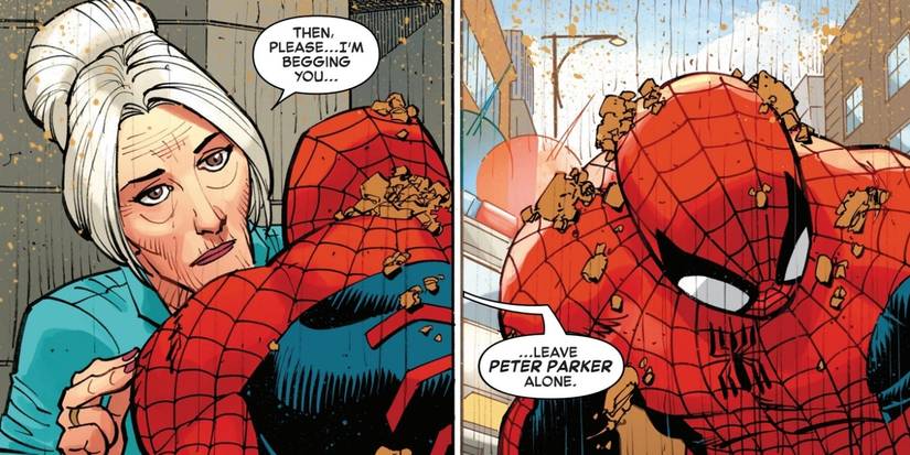 Comic book panels: Aunt May asking Spider-Man to stay away from Peter Parker.
